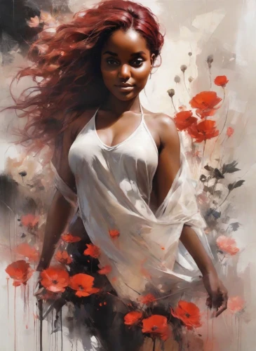 girl in flowers,oil painting on canvas,young woman,mystical portrait of a girl,bibernell rose,red petals,art painting,african american woman,rosa ' amber cover,world digital painting,black woman,flower girl,rose white and red,fantasy art,flower painting,african woman,young lady,red rose,shades of red,red roses