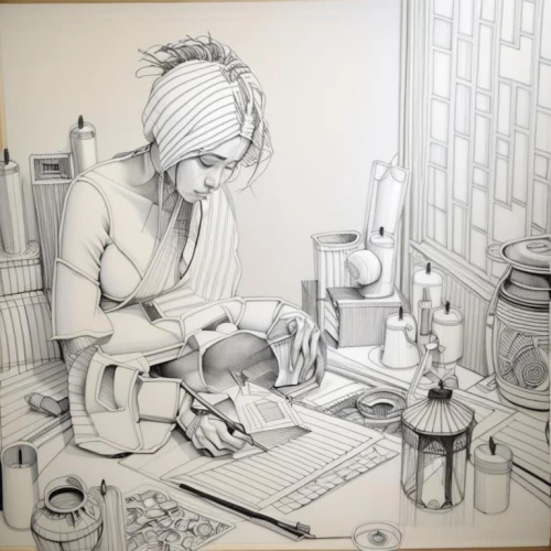 girl in the kitchen,woman drinking coffee,coffee tea drawing,girl studying,coffee tea illustration,girl drawing,pencil art,woman at cafe,pencil drawings,apothecary,game drawing,illustrator,candlemaker,frame drawing,meticulous painting,hand-drawn illustration,the girl studies press,laundress,pencil frame,watchmaker,Design Sketch,Design Sketch,None