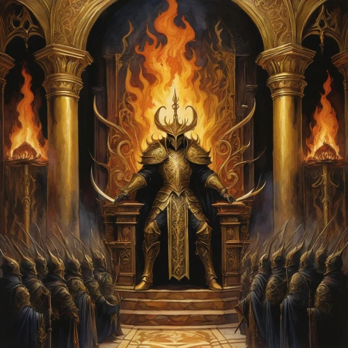 hall of the fallen,pillar of fire,the throne,clergy,archimandrite,throne,portal,hinnom,the conflagration,sepulchre,horn of amaltheia,torch-bearer,door to hell,the threshold of the house,emperor,ceremonial,end-of-admoria,burning torch,conflagration,lake of fire,Illustration,Abstract Fantasy,Abstract Fantasy 09
