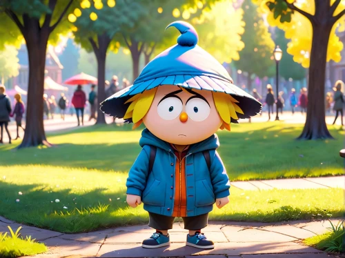 cute cartoon character,raincoat,agnes,gnome,wander,bob hat,child in park,autumn walk,scandia gnome,shanghai disney,cartoon forest,pinocchio,scandia gnomes,autumn park,mushroom hat,garden gnome,rain suit,game character,disneyland park,cute cartoon image,Anime,Anime,Cartoon