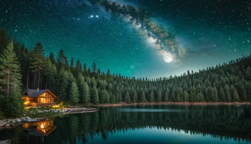 the cabin in the mountains,house with lake,the milky way,starry night,milky way,emerald lake,heaven lake,night image,starry sky,trillium lake,the night sky,milkyway,small cabin,night sky,beautiful lake,lonely house,astronomy,house in mountains,log cabin,house in the forest,Photography,General,Natural