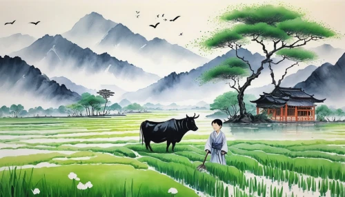 chinese art,ricefield,rice fields,yamada's rice fields,oriental painting,japanese art,rice cultivation,japan landscape,the rice field,mountain scene,rice field,rural landscape,rice paddies,landscape background,cool woodblock images,yunnan,junshan yinzhen,japanese background,green landscape,khokhloma painting,Illustration,Paper based,Paper Based 15