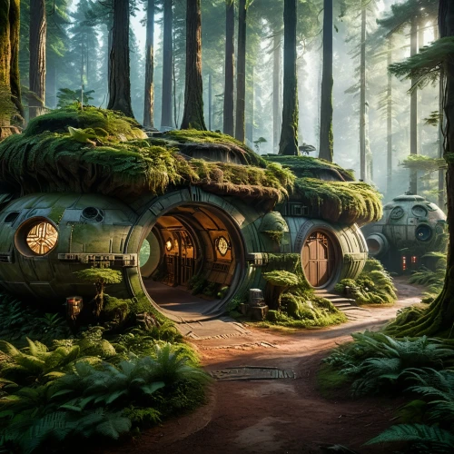 hobbiton,mushroom landscape,caterpillar gypsy,concept art,futuristic landscape,house in the forest,sci fiction illustration,cg artwork,hobbit,cartoon video game background,druid grove,fairy village,forest workplace,fantasy landscape,fairy forest,greenforest,fantasy art,world digital painting,cartoon forest,millenium falcon,Photography,General,Natural