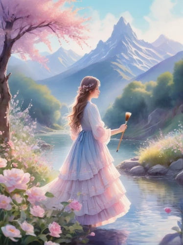 springtime background,landscape background,fantasy picture,spring background,watercolor background,world digital painting,spring morning,fairy world,meadow in pastel,idyll,wonderland,japanese sakura background,children's background,dream world,fantasy landscape,fairy tale,the cherry blossoms,fairytale,a fairy tale,mountain scene,Art,Classical Oil Painting,Classical Oil Painting 11