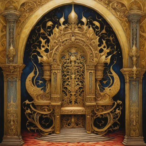 the throne,throne,tabernacle,ornate room,baroque,vestment,ornate,gold lacquer,bernini altar,golden candlestick,golden crown,art nouveau frames,art nouveau frame,gold castle,stage curtain,altar clip,altar,hall of the fallen,chamber,theater curtain,Illustration,Abstract Fantasy,Abstract Fantasy 09