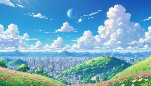 hot-air-balloon-valley-sky,blooming field,landscape background,fairy world,dream world,clover meadow,high landscape,skyland,fantasy landscape,fantasy world,mountain world,flower field,sky,meadow landscape,dandelion meadow,summer sky,summer meadow,mountainous landscape,beauty scene,cosmos field,Illustration,Japanese style,Japanese Style 02