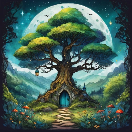 fairy door,fairy house,druid grove,elven forest,witch's house,magic tree,fairy forest,fairy village,enchanted forest,mushroom landscape,fairy world,celtic tree,tree house,fairytale forest,children's fairy tale,fantasy picture,treehouse,forest tree,tree of life,fae,Illustration,Realistic Fantasy,Realistic Fantasy 23