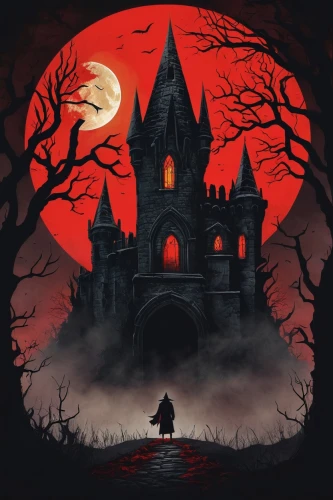 haunted castle,blood church,haunted cathedral,witch's house,halloween background,halloween poster,house silhouette,ghost castle,halloween illustration,witch house,the haunted house,castle of the corvin,halloween and horror,blood moon,halloween scene,haunted house,dracula,halloween wallpaper,gothic architecture,blood moon eclipse,Art,Artistic Painting,Artistic Painting 49