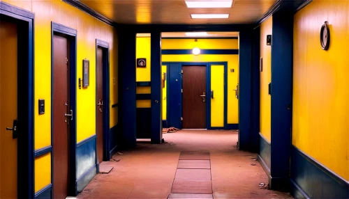 corridor,yellow wall,hallway,blue doors,locker,yellow and blue,changing rooms,hallway space,rest room,washroom,passage,changing room,doors,kennel,penumbra,door,door-container,train station passage,yellow light,dormitory,Illustration,Realistic Fantasy,Realistic Fantasy 19