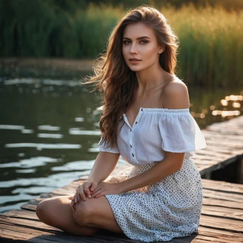 girl in white dress,girl on the river,beautiful young woman,young woman,relaxed young girl,romantic look,female model,girl on the boat,orlova chuka,cotton top,perched on a log,liberty cotton,danila bagrov,bylina,portrait photography,country dress,romantic portrait,pretty young woman,girl in a long dress,model beauty,Photography,General,Fantasy