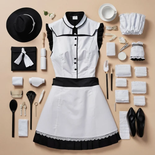 chef's uniform,nurse uniform,maid,black and white pieces,tea party collection,school uniform,anime japanese clothing,kantai collection sailor,folk costume,doll dress,school clothes,white and black color,a uniform,uniform,laundress,flatlay,white and black,dressmaker,waitress,sports uniform,Unique,Design,Knolling