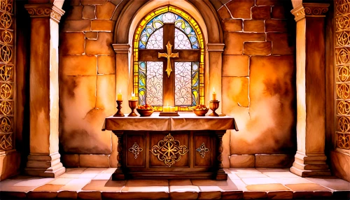 altar,church painting,wayside chapel,chapel,sanctuary,eucharist,stained glass window,stained glass windows,tabernacle,holy places,stained glass,holy place,crypt,holy communion,pilgrimage chapel,cartoon video game background,forest chapel,empty tomb,grotto,eucharistic,Illustration,Paper based,Paper Based 24