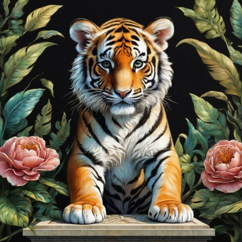 a tiger,tigers,tiger,bengal tiger,asian tiger,royal tiger,type royal tiger,bengal,tigerle,tiger png,siberian tiger,sumatran tiger,flower animal,amurtiger,tiger cub,tiger head,young tiger,oil painting on canvas,felidae,animalia,Conceptual Art,Fantasy,Fantasy 23