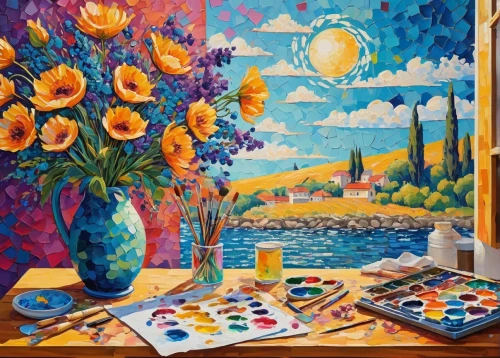 flower painting,sunflowers in vase,fabric painting,meticulous painting,painting technique,oil painting on canvas,oil on canvas,art painting,oil painting,floral composition,colorful balloons,painting pattern,italian painter,painting,table artist,summer still-life,boho art,colorful floral,harmony of color,glass painting,Conceptual Art,Daily,Daily 31