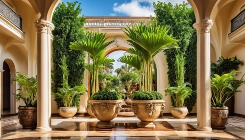 royal palms,courtyard,palm garden,inside courtyard,patio,heads of royal palms,decorative fountains,orangery,riad,two palms,date palms,the palm,morocco,luxury property,luxury bathroom,moroccan pattern,hacienda,palmbeach,marrakesh,palm branches,Photography,General,Realistic