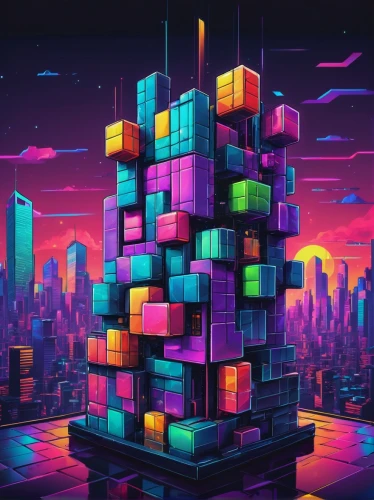 tetris,cubes,colorful city,pixel cube,cube background,cubic,fantasy city,80's design,blocks,cityscape,magic cube,city blocks,skyscraper,metropolis,pink squares,cube love,cube,building block,cyberpunk,pixel cells,Illustration,Abstract Fantasy,Abstract Fantasy 07