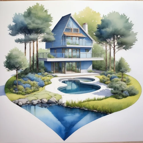 house with lake,pool house,mid century house,house by the water,house drawing,house painting,houses clipart,landscape plan,house in the forest,landscape designers sydney,landscape design sydney,aqua studio,summer cottage,inverted cottage,summer house,home landscape,watercolor painting,dunes house,painting pattern,3d rendering,Conceptual Art,Fantasy,Fantasy 03