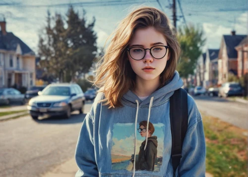 girl in t-shirt,sweatshirt,hoodie,isolated t-shirt,long-sleeved t-shirt,hipster,with glasses,girl in a long,city ​​portrait,girl and car,glasses,silver framed glasses,spectacles,street fashion,girl walking away,stitch frames,eye glasses,girl portrait,girl in car,bleachers,Conceptual Art,Oil color,Oil Color 10