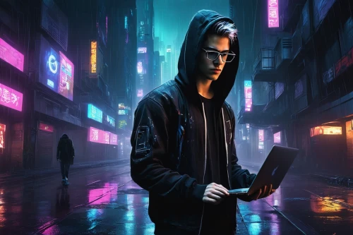 cyberpunk,sci fiction illustration,world digital painting,cyber,man with a computer,game illustration,cyber glasses,night administrator,coder,cg artwork,author,hacker,cyber crime,cyberspace,anonymous hacker,matrix,computer addiction,hacking,dusk background,music background,Conceptual Art,Oil color,Oil Color 08
