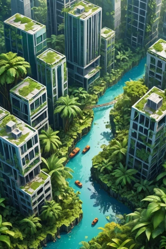 artificial island,artificial islands,floating islands,underwater oasis,mangroves,tropical greens,tropical island,honolulu,oasis,singapore,diamond lagoon,tropical jungle,floating huts,tropical house,futuristic landscape,apartment blocks,green trees with water,tropics,lagoon,chongqing,Unique,3D,Isometric