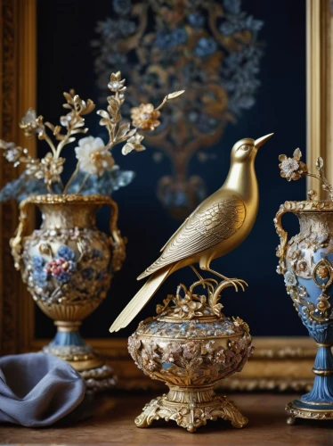 an ornamental bird,ornamental bird,vintage china,chinaware,ornamental duck,decoration bird,antiques,rococo,antiquariat,antique singing bowls,decorative art,gold ornaments,china cabinet,still life photography,blue and white porcelain,tableware,vases,baroque,blue birds and blossom,floral and bird frame,Photography,Fashion Photography,Fashion Photography 08