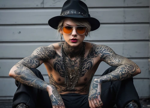 bowler hat,tattoo girl,black hat,fedora,leather hat,tattoos,men hat,tattooed,pork-pie hat,stovepipe hat,with tattoo,trilby,punk,top hat,beatnik,men's hat,tattoo artist,rockabilly style,men's hats,hat vintage,Photography,Documentary Photography,Documentary Photography 25