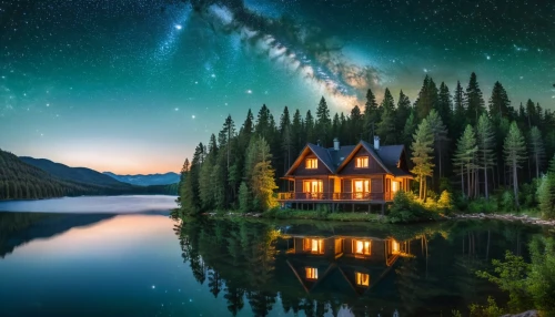 house with lake,the cabin in the mountains,starry night,lonely house,house in the forest,house in mountains,emerald lake,house in the mountains,small cabin,home landscape,starry sky,summer cottage,beautiful home,fantasy picture,log cabin,log home,cottage,house by the water,little house,the milky way,Photography,General,Natural