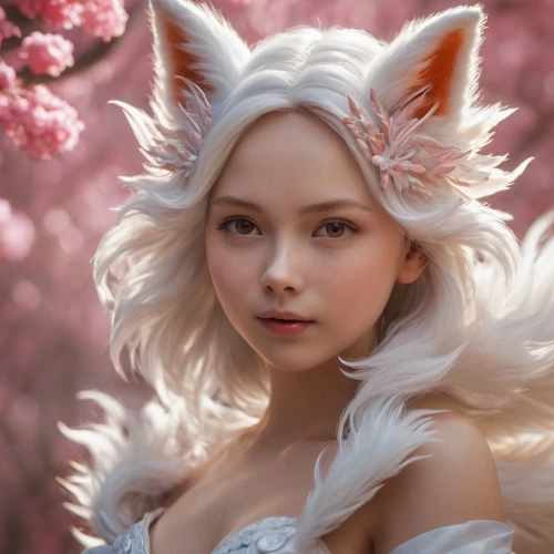 kitsune,fantasy portrait,cute fox,white cat,fox,fennec,fairy tale character,adorable fox,garden-fox tail,blossom kitten,fantasy picture,a fox,child fox,white fur hat,fantasy art,faerie,3d fantasy,spring unicorn,lynx,feline,Illustration,Realistic Fantasy,Realistic Fantasy 02