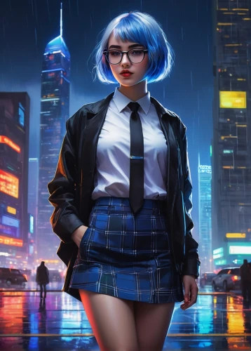 cyberpunk,night administrator,blue rain,sci fiction illustration,world digital painting,city trans,cg artwork,blue hour,hk,streampunk,retro girl,retro woman,librarian,birds of prey-night,femme fatale,cityscape,game art,business girl,jacket,rockabella,Illustration,Paper based,Paper Based 03