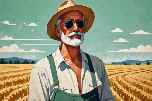 farmer,farmworker,farmers,agriculture,agroculture,grant wood,farmer in the woods,agricultural,straw hat,farm workers,pensioner,khorasan wheat,winemaker,alentejo,farming,elderly man,cash crop,wheat crops,straw hats,travel poster,Art,Artistic Painting,Artistic Painting 46