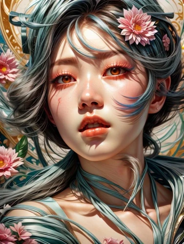 fantasy portrait,falling flowers,flora,japanese floral background,geisha,girl in flowers,flower fairy,petals,fallen petals,chinese art,floral japanese,japanese art,geisha girl,jasmine blossom,digital painting,blossoms,white blossom,digital art,bloom,sakura blossom