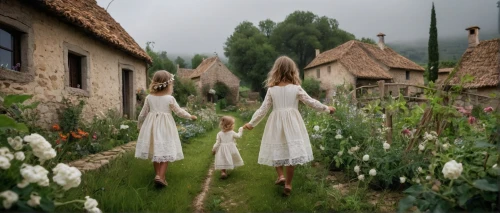 little girls walking,children's fairy tale,cottage garden,girl picking flowers,the little girl's room,walk with the children,idyll,to the garden,borage family,village scene,villagers,children's background,cottages,village life,vintage children,fantasy picture,picking flowers,arrowroot family,hemp family,young women,Photography,General,Natural