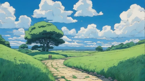 studio ghibli,landscape background,path,hiking path,pathway,the path,wooden path,violet evergarden,high landscape,trail,cartoon video game background,rural landscape,forest path,blue sky clouds,trails,country road,scenery,blue sky and clouds,blue sky,tree lined path,Illustration,Japanese style,Japanese Style 14