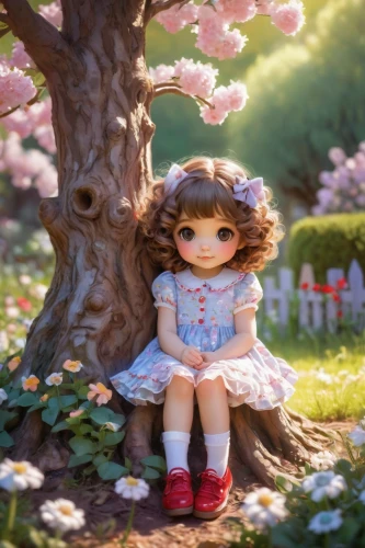 girl with tree,spring background,japanese sakura background,girl in flowers,springtime background,little girl fairy,the girl next to the tree,doll dress,sakura tree,girl in the garden,cherry tree,cute cartoon image,the cherry blossoms,child fairy,girl picking flowers,linden blossom,acerola,fairy tale character,child in park,cherry blossoms,Conceptual Art,Oil color,Oil Color 09