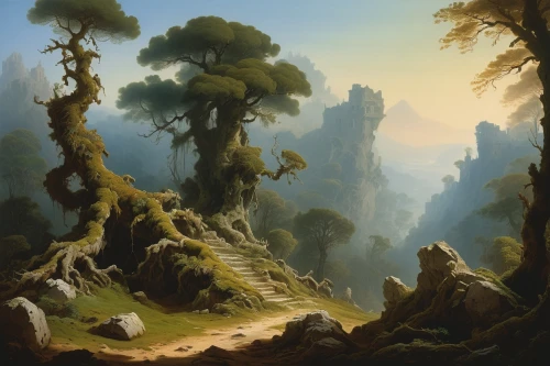 fantasy landscape,mushroom landscape,forest landscape,druid grove,karst landscape,elven forest,an island far away landscape,fantasy picture,cartoon video game background,landscape background,fairy forest,high landscape,swampy landscape,forest background,mountain landscape,cartoon forest,the forests,northrend,mountain scene,mountainous landscape,Art,Classical Oil Painting,Classical Oil Painting 40