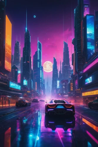 futuristic landscape,cyberpunk,3d car wallpaper,futuristic,cityscape,retro background,80's design,fantasy city,colorful city,neon arrows,80s,dusk background,night highway,ultraviolet,would a background,elektrocar,electric,4k wallpaper,metropolis,music background,Conceptual Art,Sci-Fi,Sci-Fi 08