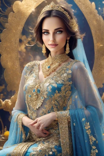 princess sofia,jasmine blue,bridal clothing,blue enchantress,golden weddings,sari,indian bride,bridal jewelry,jasmine,radha,fairy tale character,miss circassian,mazarine blue,aladha,jaya,oriental princess,persian,suit of the snow maiden,cepora judith,priestess,Photography,Realistic