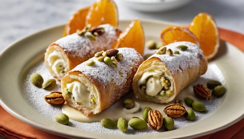 cannoli,sfogliatelle,apple strudel,paratha roll,coconut rolls,flaky pastry,mandarin cake,south asian sweets,durian spring roll,pommes anna,fruit-filled choux pastry,cuban pastry,spring rolls,danish nut cake,indian sweets,börek,cardamom,pastilla,food photography,spring roll,Photography,General,Realistic