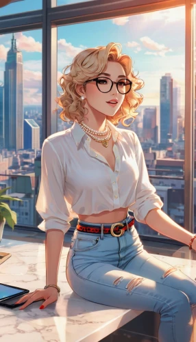 blonde sits and reads the newspaper,window sill,darjeeling,office worker,blur office background,librarian,girl studying,secretary,desk top,business girl,windowsill,portrait background,on the roof,rooftop,above the city,city ​​portrait,blonde woman reading a newspaper,business woman,cg artwork,office desk,Illustration,Japanese style,Japanese Style 03