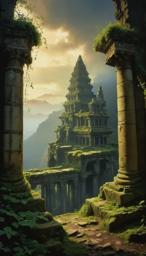 ancient city,ancient buildings,ancient house,the ruins of the,the ancient world,ancient,ruins,stone palace,temple fade,fantasy landscape,maya city,ancient civilization,temples,maya civilization,mausoleum ruins,poseidons temple,ancient building,artemis temple,angkor,world digital painting,Illustration,Paper based,Paper Based 23