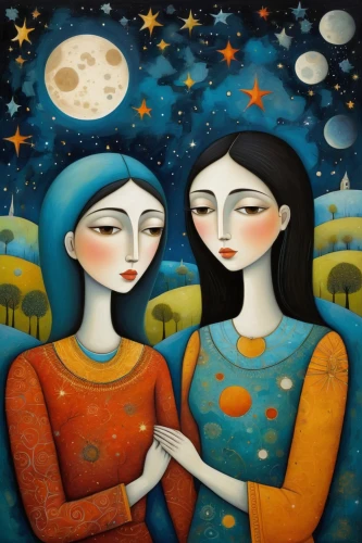 carol colman,two girls,moon and star,motif,carol m highsmith,celestial bodies,oil painting on canvas,young women,young couple,two people,the moon and the stars,art painting,moonlit night,horoscope libra,togetherness,stars and moon,moon night,moons,little girl and mother,global oneness,Art,Artistic Painting,Artistic Painting 29