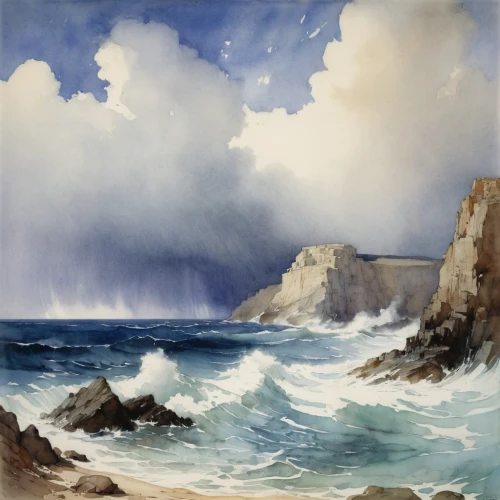 coastal landscape,landscape with sea,sea landscape,seascape,stormy sea,rocky coast,cliff coast,cliffs ocean,beach landscape,seascapes,sea storm,el mar,cliff top,sea stack,the wind from the sea,thomas moran,coast line,joseph turner,ocean waves,carol colman,Illustration,Paper based,Paper Based 23