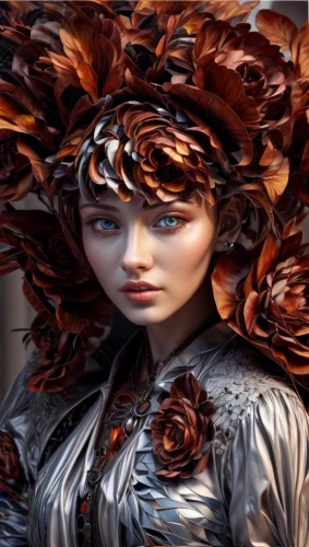 fractals art,fantasy portrait,fantasy art,mystical portrait of a girl,red-haired,world digital painting,girl in a wreath,medusa,fractalius,hair coloring,redhead doll,victorian lady,glass painting,porcelain rose,merida,fantasy woman,bodypainting,woman sculpture,flower of passion,red head
