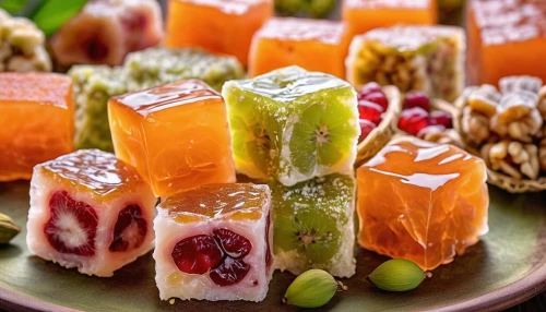 candied fruit,gelatin dessert,diwali sweets,indian sweets,sweetmeats,currant popsicles,south asian sweets,french confectionery,hand made sweets,besan barfi,halva,suman,jelly fruit,fruit slices,sweets tea snacks,turkish delight,celery and lotus seeds,nougat,coconut cubes,canapé,Photography,General,Realistic