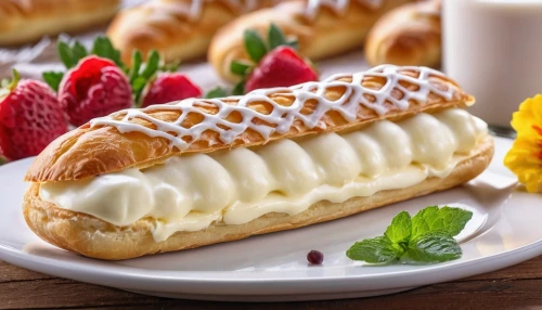 eclair,apple strudel,bavarian cream,strudel,danish pastry,mille-feuille,zwiebelkuchen,pastries,flaky pastry,kanelbullar,chiboust cream,pastelón,sweet pastries,puff pastry,butter bread,butter rolls,cream bun,pastry,sfogliatelle,butter pie,Photography,General,Realistic