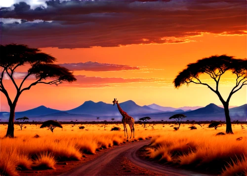 tsavo,desert landscape,serengeti,namibia,giraffes,zebra crossing,namib desert,desert desert landscape,namib,two giraffes,arid landscape,etosha,africa,savanna,namib rand,landscape background,safari,steppe,giraffidae,giraffe,Illustration,Abstract Fantasy,Abstract Fantasy 23