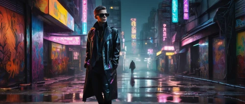 cyberpunk,world digital painting,transistor,alleyway,alley,pedestrian,walking in the rain,sci fiction illustration,girl walking away,kowloon,long coat,digital painting,city ​​portrait,dystopian,blind alley,urban,man with umbrella,cityscape,walking man,shinjuku,Photography,Artistic Photography,Artistic Photography 02