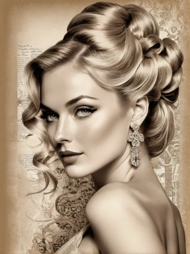 vintage woman,chignon,art deco woman,vintage girl,vintage female portrait,romantic portrait,updo,blonde woman,vintage makeup,gypsy hair,vintage women,bouffant,fashion illustration,pin ups,woman face,retro pin up girl,bridal accessory,a charming woman,blond girl,pencil drawings,Illustration,Vector,Vector 21