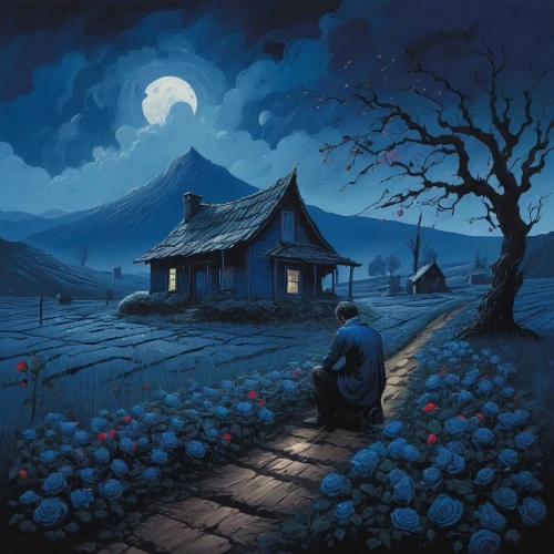 lonely house,night scene,moonlit night,home landscape,witch's house,blue moon,fantasy picture,rural landscape,blue painting,ancient house,han thom,cottage,romantic scene,khokhloma painting,little house,moonlit,evening atmosphere,loneliness,chinese art,witch house,Illustration,Realistic Fantasy,Realistic Fantasy 05