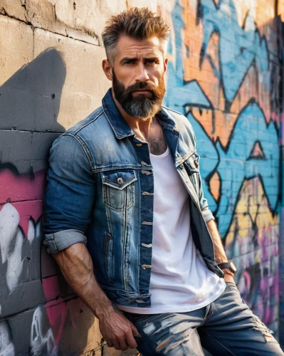 male model,brawny,biker,wolverine,man on a bench,wolfman,lumberjack,beard,edge muscle,man portraits,bearded,men's wear,lumberjack pattern,rugged,men clothes,carpenter jeans,motorcyclist,diesel,lincoln blackwood,merle black,Illustration,Realistic Fantasy,Realistic Fantasy 04